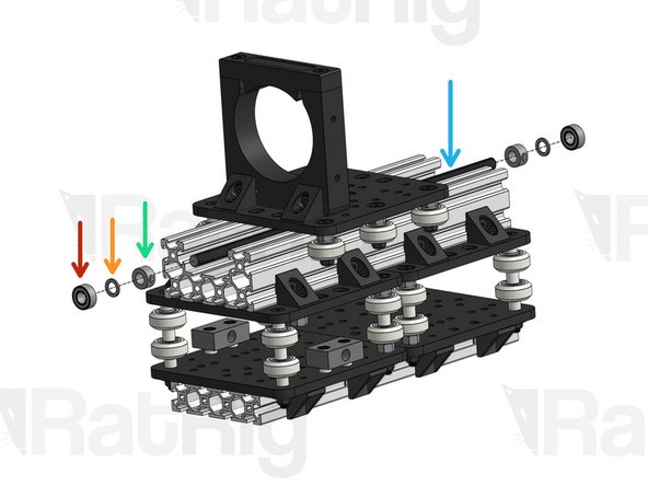 Insert the Z Carriage on the C-Beam. Note the orientation of the Spindle mount and of the Nut Blocks on the image.