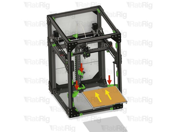 Rotate the lead screws by hand, to lower the Z arms 10-20mm, enough for the bed assembly to be installed without hitting the gantry or toolhead