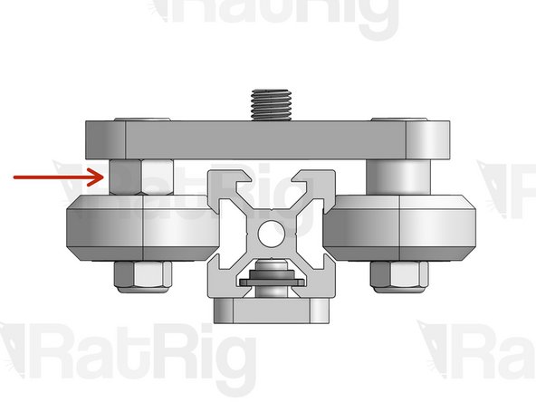 Use a spanner/wrench to very subtly turn the eccentric spacer. This will tune the distance between wheel and rail.