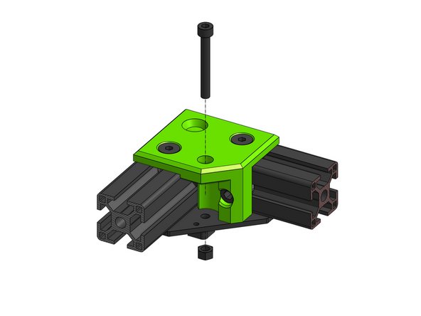 Fasten the xy_idler_right to the frame with the two Countersink Screws M6x14 and one Cap Head Screw M6x12 that goes in from the side