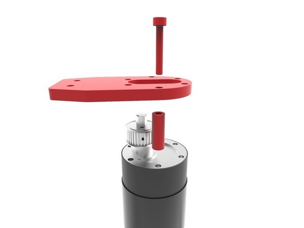 Pass one 25mm Screw through one of the holes on the Motor Plate, then through a black spacer and finally screw it into the motor. Repeat until you’ve used the four 25mm Screws and respective Black Spacers. Make sure you use the same holes from which you removed the original screws, on step 2.