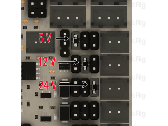 Remove all the jumpers on the board before starting. Insert the jumpers onto the highlighted pins.
