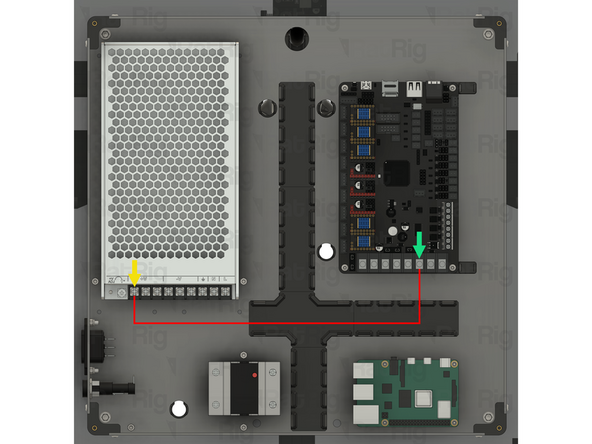 Insert the fork terminal on one end of the wire into the leftmost of the three terminals marked by the [ +V ] symbol on the power supply. Secure the fork terminal by tightening the screw