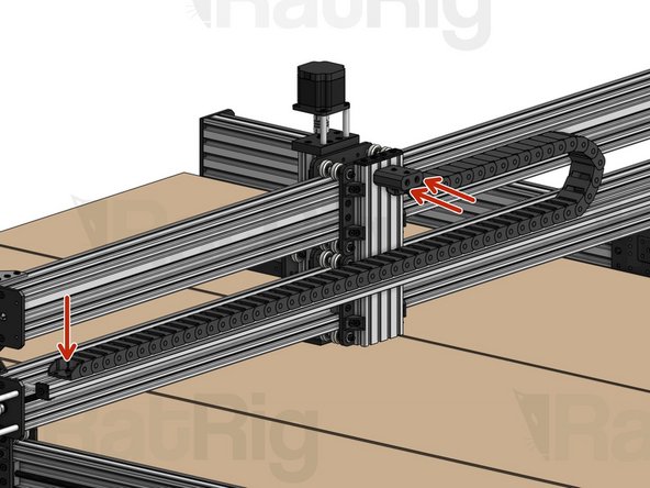 Fit the Drop-in T-Nuts pre-mounted on the drag chain inside the 2020 profile slot and tighten the screws.