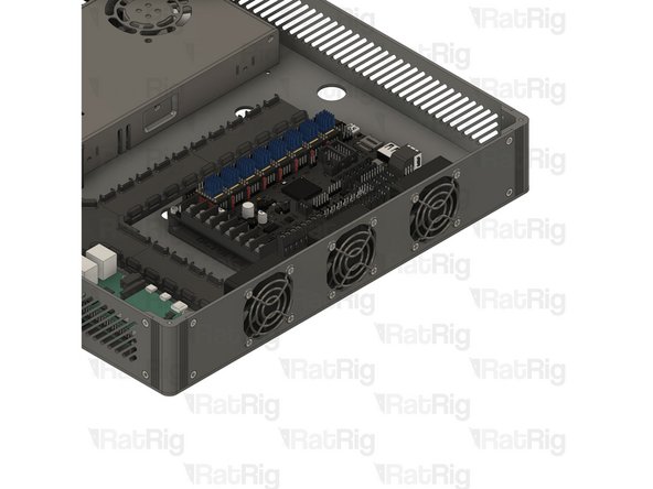 Insert the screws through the fan grills and the electronics enclosure and thread them to the fans