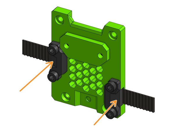 Attach the belt grabbers with M3x8mm. The belt does not have to end flush with the groove, it can go over it.