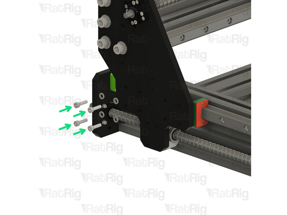 Align one of the HG25 linear rail carriages with the holes on the X-axis gantry plate