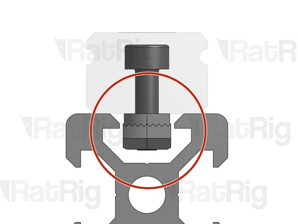 INCORRECT USE: This picture shows an insecurely tightened bolt. As you can see, the Drop-in T-Nut is fully fastened but in a position that is NOT perpendicular to the slot. If this happens, loosen the bolt and re-tighten.