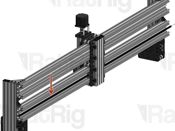 X Lead Screw. Fasten it through the Nut Blocks on the X carriage until there's about 2cm of lead screw coming out of each side of the C-Beam.
