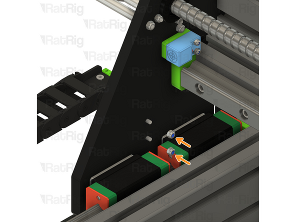 Insert an M4x25 screw through each hole in the back of the printed arm and through the gantry plate