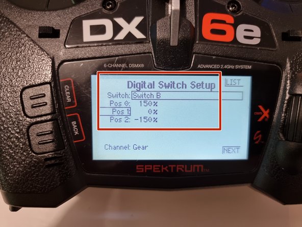 Cycle through the switches to find Switch B. Set Pos 0 to 150%, set Pos 1 to 0% and set Pos 2 to -150%.