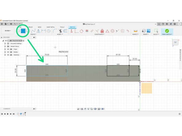 Create another rectangle, this time from the left-hand end of your model, with sizes 76mm on the Z-axis and 20mm on the Y-axis