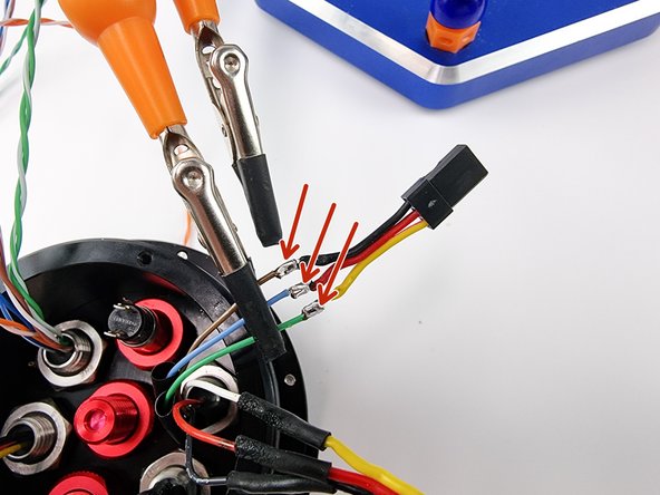 Solder the wires together ensuring that you join the brown wire to the black wire, blue wire to the red wire and the green wire to the yellow wire