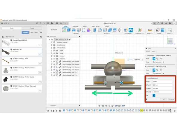 Change to Front View, and using the Move Arrows, approximately drag the Axle into the centre.