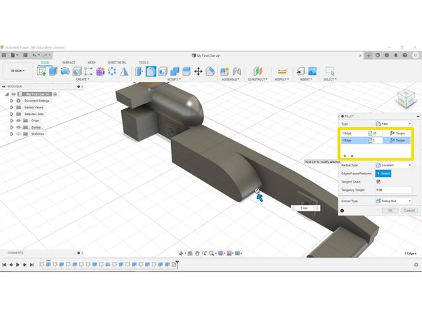 Using the Filet Tool, select the top edge at the front of your Side Pod.