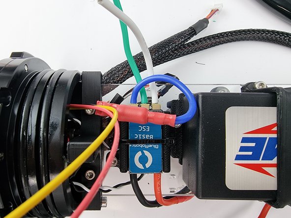 Connect the 2 bullet connectors together to join the black wire from the 3 pin bulkhead connector to the blue wire from the thruster ESC