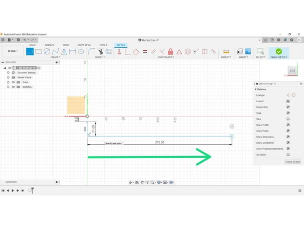 Next, create a 210mm long line on the X-axis starting from the bottom of your newly placed line. (to the right).