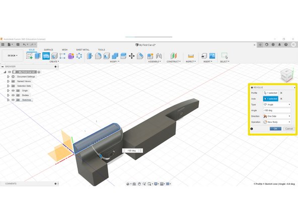 Select the Axis button in the Revolve Tool Panel, and select the bottom edge of your sketch profile.
