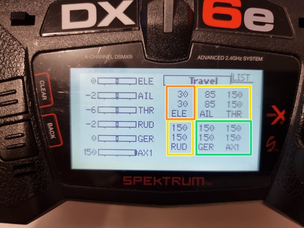 We can now adjust the travel of all the channels. ELE is the thruster and we find that turning it down to 30% forward and 30% reverse is still plenty of power.