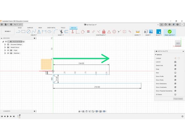 Now use the 'Line Tool' to construct a line 134mm on the X-axis, on the top of your geometry.