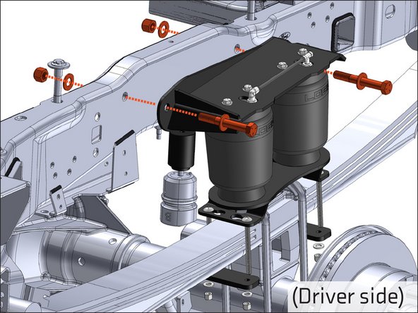 Use the supplied 5/8" hardware to attach the upper air spring bracket to the outside of the frame, or hitch, through the factory hitch mounting holes. Snug hardware.