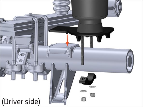 Attach the axle clamp. Make sure the pin on the lower bracket is aligned with the hole in the bump stop pad and the carriage bolts are parallel with the lower bracket leg before snugging.