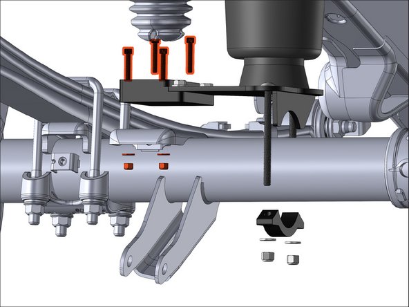 Install the 3/8&quot; carriage bolts into the holes on the lower bracket, then apply downward force to extend the air springs and bring the lower bracket near the axle.