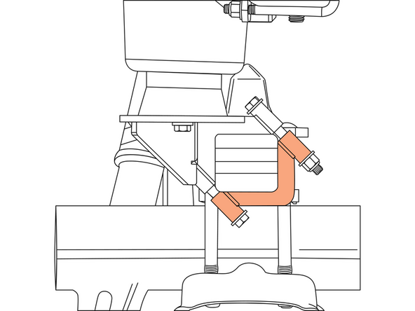 Secure the lower bracket to the leaf spring with the supplied 3/8" hardware and clamps. Make sure the bracket cut-outs are aligned with the U-bolt saddle, and the leaf spring bottom clamp is oriented correctly. Snug the hardware.