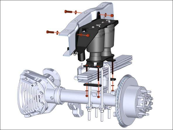 Use the other two supplied 1/2" bolts with washers and nuts to attach the upper bracket to the outside of the frame, or hitch, through the factory mounting holes. Snug the nuts.