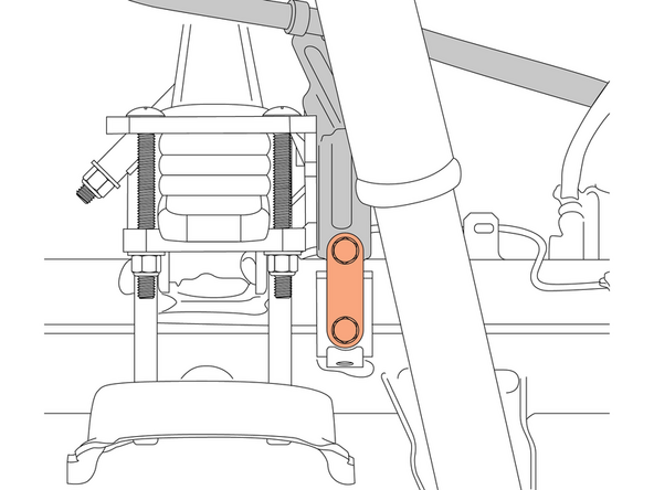 Once all fasteners are installed, use provided E-brake relocation bracket and install on driver side with provided M8 hardware. Torque to 8 FT. LB.
