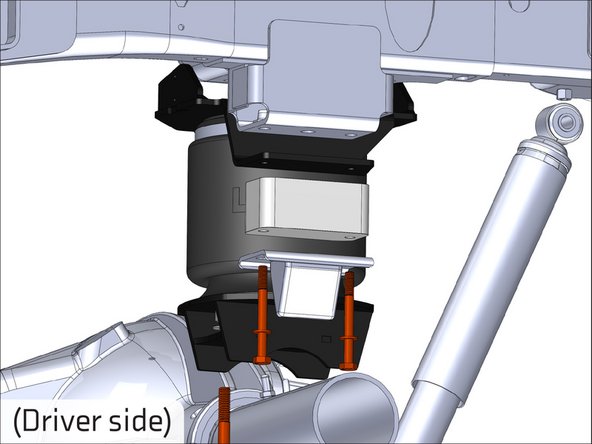 Attach the upper bracket, bump stop spacer, and factory bump stop to the bump stop perch with the supplied M10 bolts and washers as shown.