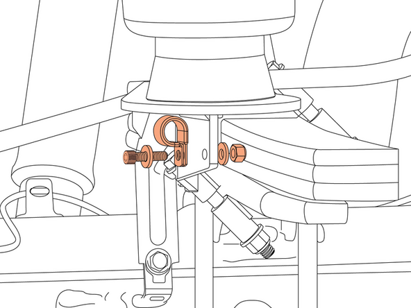 On the passenger side, bend and remove the factory E-brake bracket from the cable and fasten to the lower air spring bracket using the provided 5/8" Adel clamp and 1/4" hardware. Torque to 7 FT. LB.