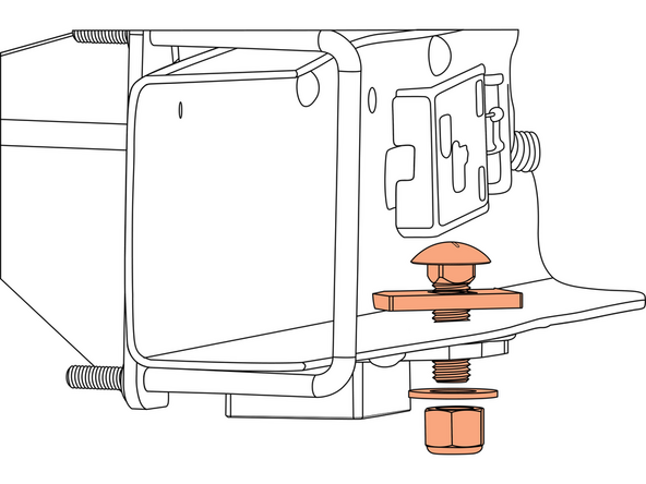 Install the supplied 5/8" carriage bolt and carriage bolt washer through the hole in the frame and the upper bracket.