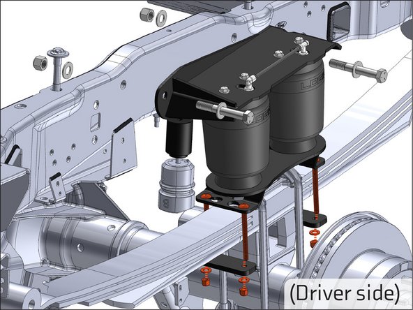 Use the supplied 3/8" hardware and leaf spring straps to attach the lower air spring bracket to the leaf spring.