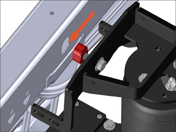 Insert supplied 1/2&quot; bolt and washer through the hole in the air spring upper bracket and thread on the supplied quarter turn nut. Line up air spring assembly with frame rail and insert quarter turn nut into frame rail hole; snug bolt.