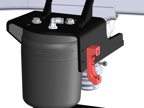 Install the E-brake relocation bracket on the driver side upper bracket using the supplied 1/4" hardware.