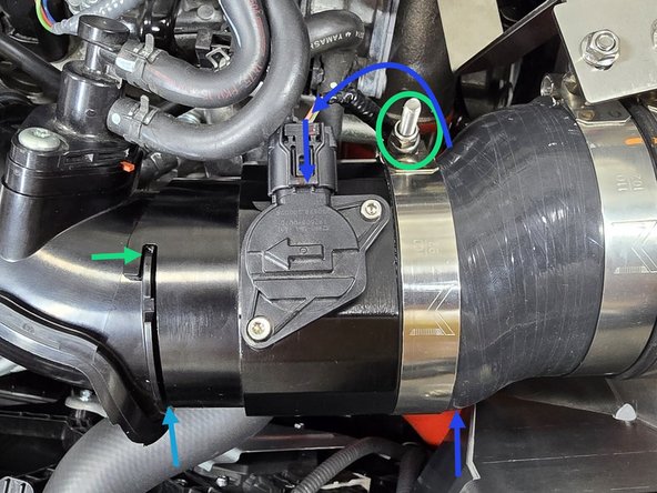 If the MAF housing is twisted out of position as shown, loosen the 92-100mm clamp circled in yellow and rotate the MAF housing until it is fully locked in as shown