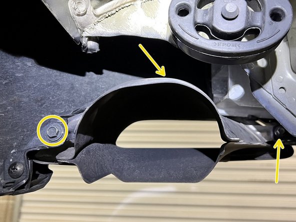 Locate the 3x 8mm bolts securing the shroud. They are highlighted yellow. The yellow arrows show the two hidden bolts and are then shown more clearly in the other pictures