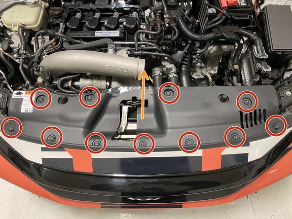 Remove the eleven (11) push clips that attach the radiator cooling panel to the vehicle using a flathead screwdriver or push clip removal tool