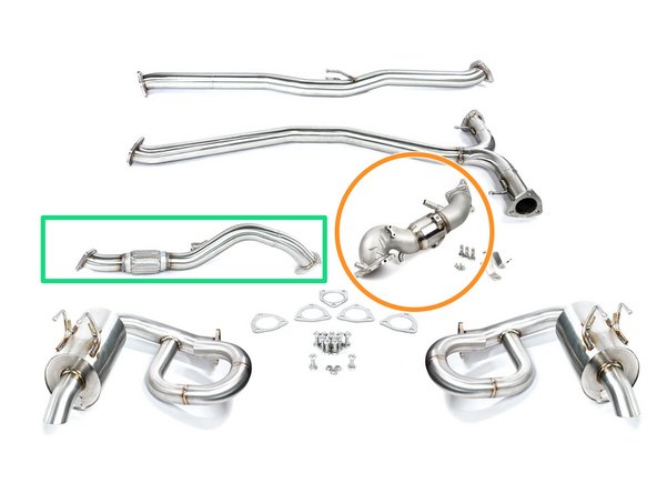 This exhaust can be purchased in three varieties. Front pipe back, with Front pipe, and as a turbo back system which includes the front pipe and the downpipe