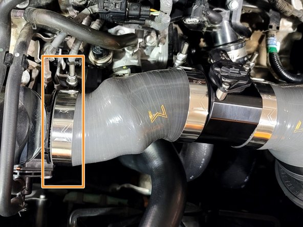 Use provided 70-78 T-bolt clamp to securely attach SRI assembly to the turbo inlet pipe (TIP) as shown