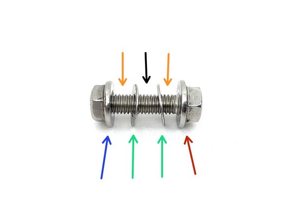 When inserting the hardware into the mounting holes, make sure it is in this order. The orange arrows indicate mounting tabs and the black arrow indicates the MCBB