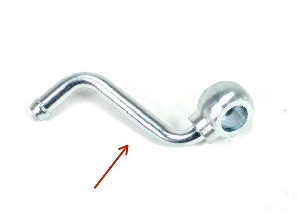 Locate the provided Upper Coolant Pipe, M14 Banjo Bolt, and two (2) M14 Copper Crush Washers