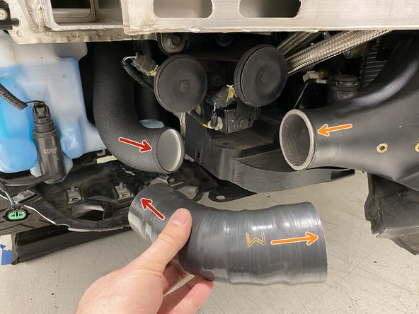 Note the orientation of the W logo, this should match the image.  Only one end of the hot side IC inlet silicone will fit onto the intercooler