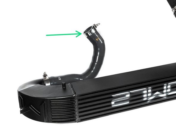 Slide hot side silicone in and around down pipe as shown. Do not connect to FMIC yet
