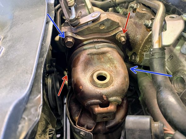 There are 2 nuts and 2 bolts that mount the Downpipe to the Turbo. Soak them with Penetrating fluid prior to attempting removal