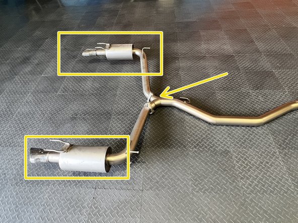 Use the same tri-bolt gaskets and 3 sets of hardware to attach the driver and passenger side muffler to rearward y-pipe as shown
