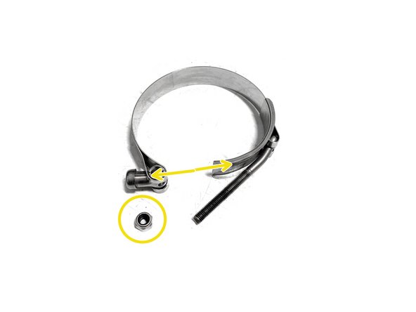 Place a 79-87mm T-Bolt clamp onto the cold side IC outlet silicone.  Position the nut on the rear side facing up as shown for easy access