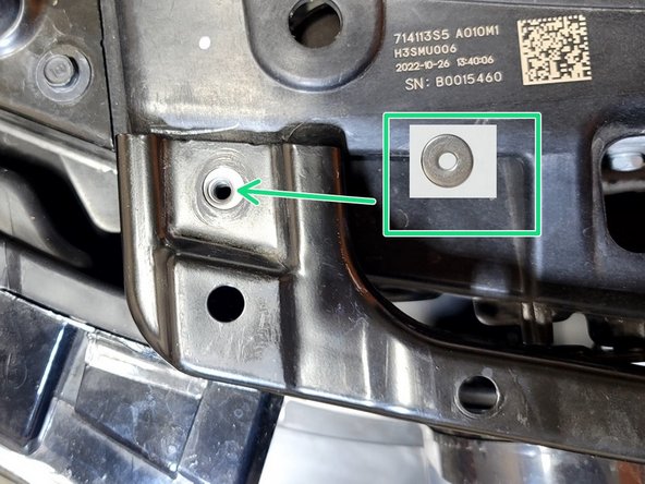 Place the two (2) provided spacers as shown between bumper bracket and radiator support on the left two mount points
