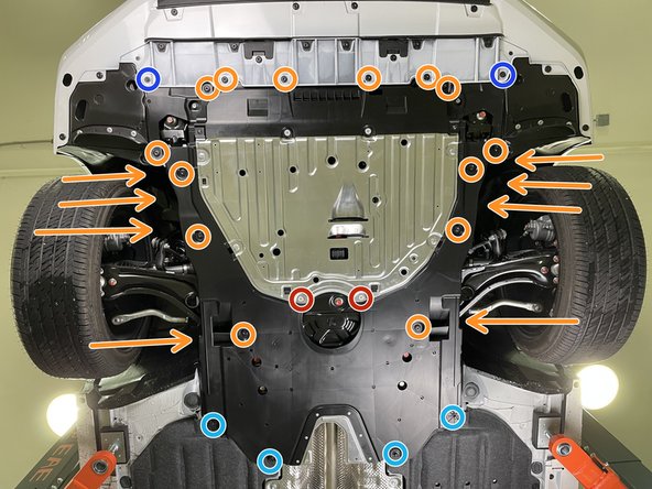 Reinstall the fourteen (14) plastic push-clips circled in orange